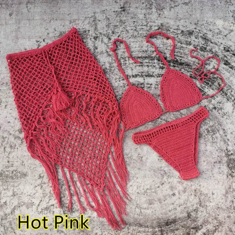 Women's 3-piece handmade crochet bikini set with skirt cover-up in solid colour acrylic fibre