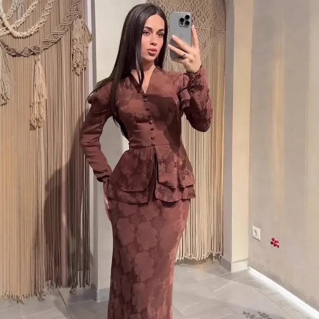 Dark brown artistic retro women's long dress with plant patterns, button details, and long sleeves