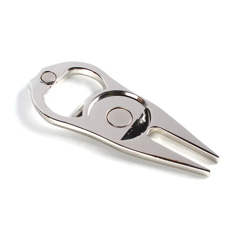 Golf ball fork bottle opener tool in zinc alloy with green turf application