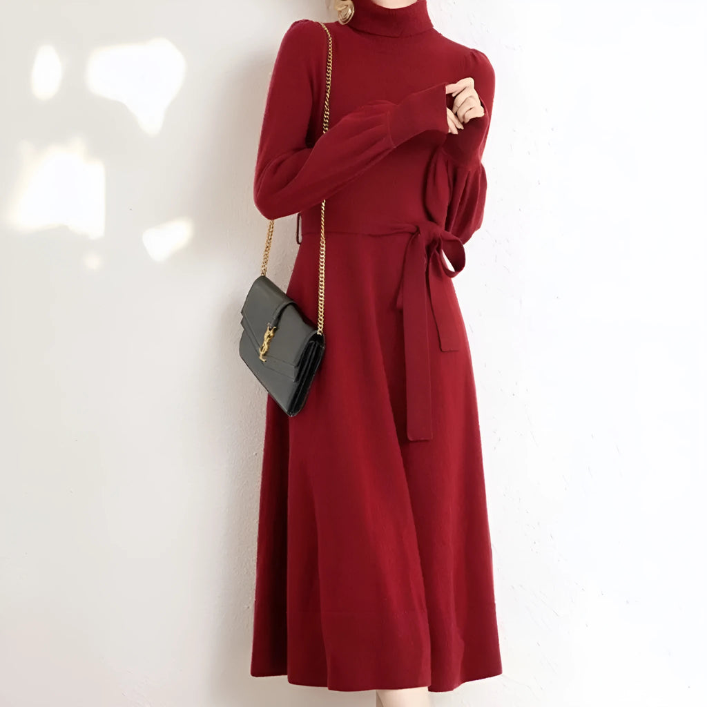 Turtleneck knit dress with elastic waist and loose big hem in solid colour