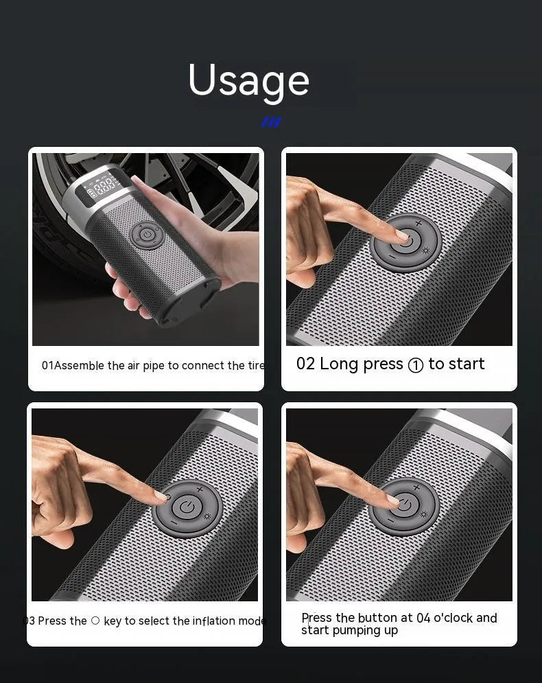 Black portable wireless vehicle air pump with USB charging cable, 15cm tube, and nozzles for bicycle, ball, and swimming ring.