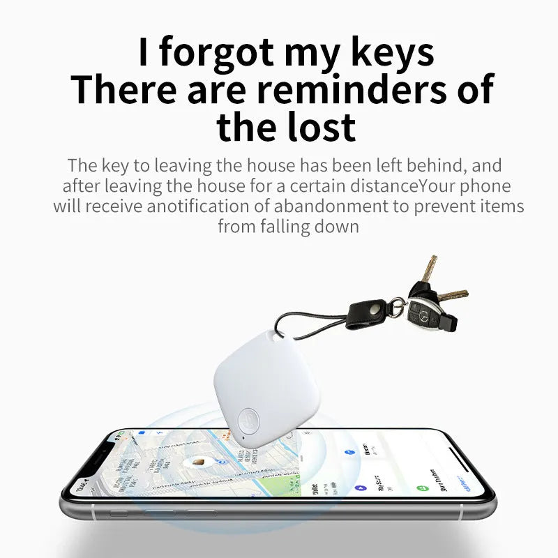 Bluetooth anti-lost tracker with key ring attachment in black, blue, green, pink, or white colours