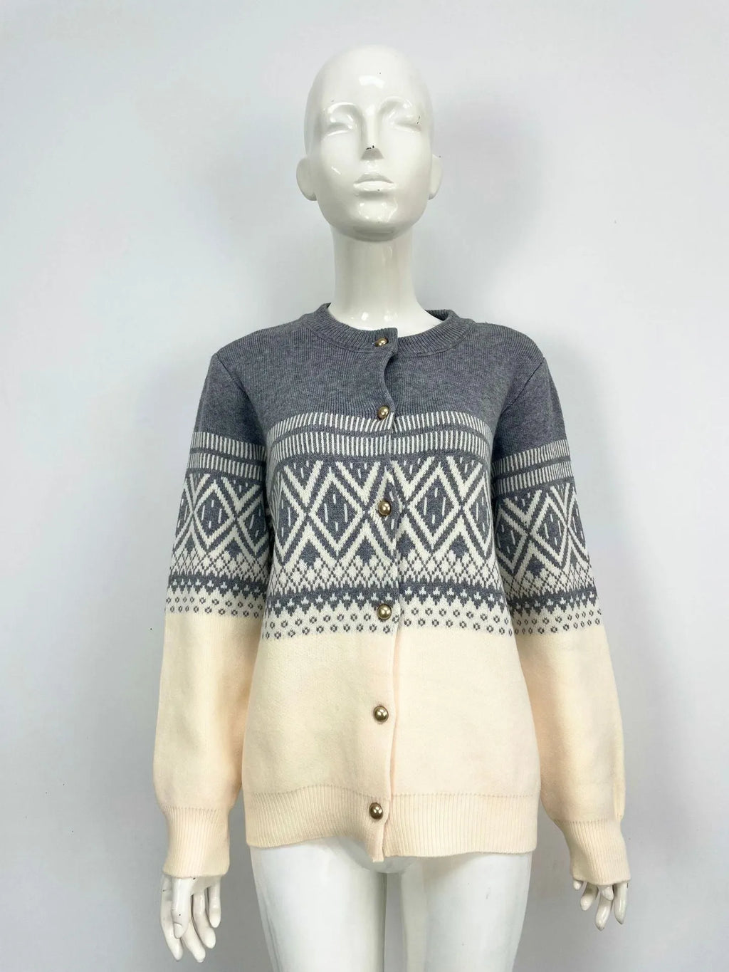 Women's grey alpaca wool cardigan with diamond knit and contrast colour block design