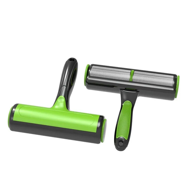 Automatic pet hair lint roller with rotating brush head in green colour.