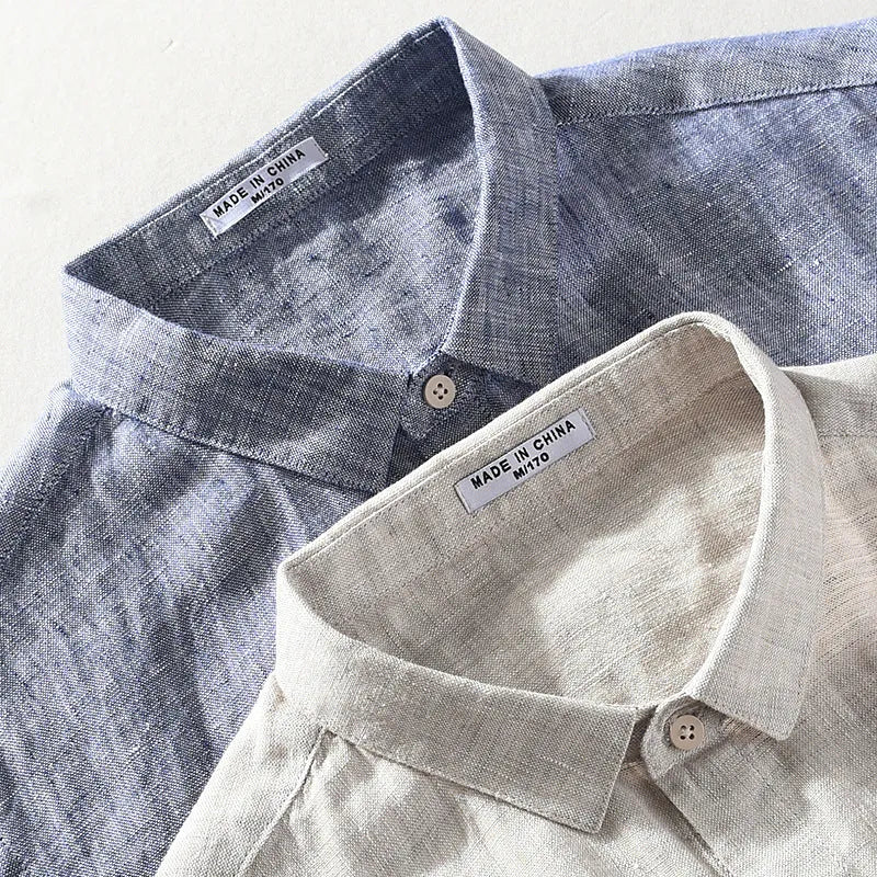 Men's linen short sleeve shirt with square collar in raw jute colour