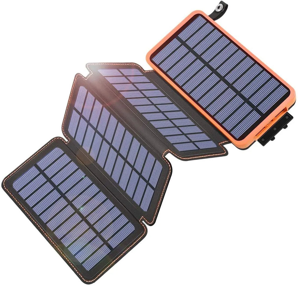 Black solar power bank with solar panel on front, LED light, and soft leather exterior.