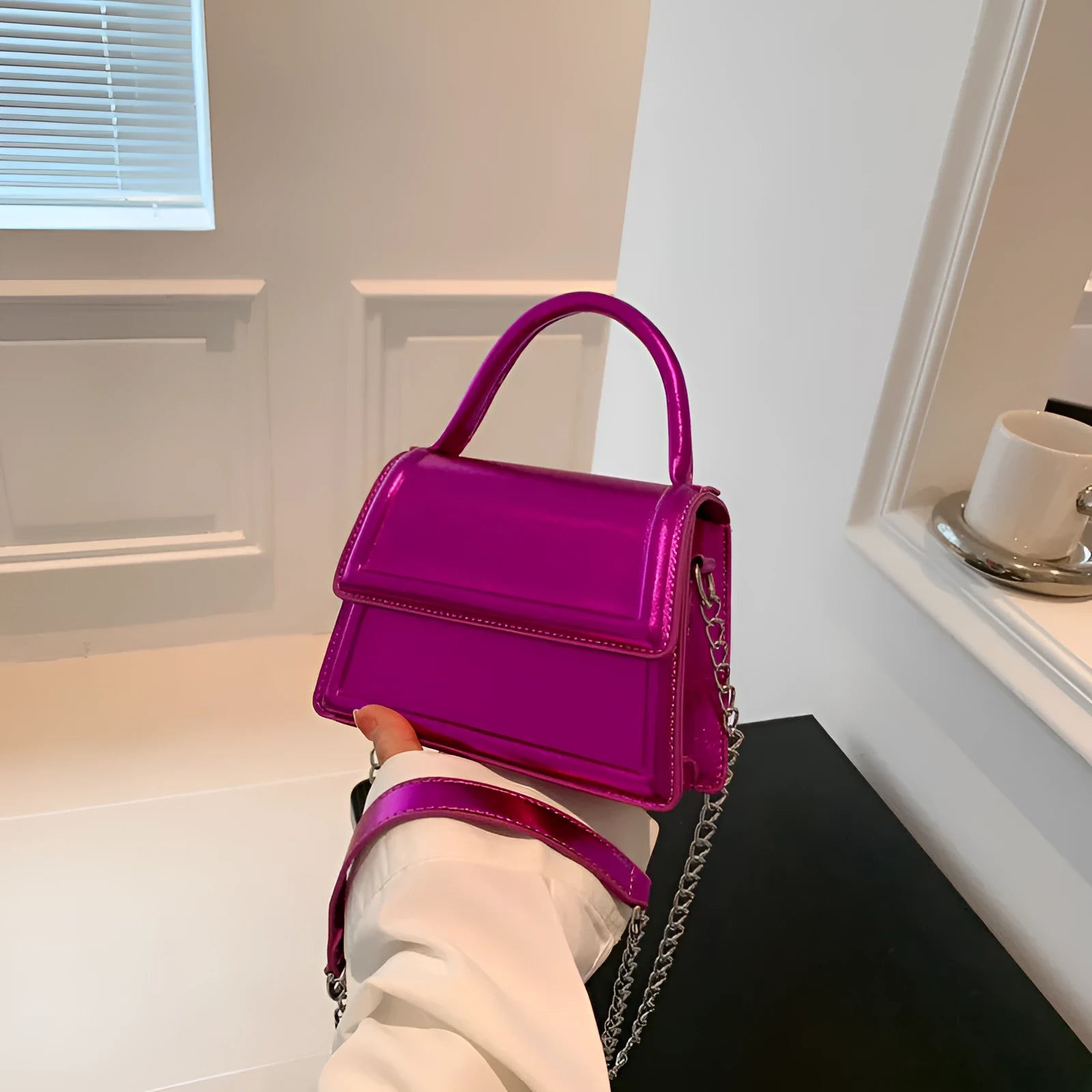 Retro PU leather crossbody bag in horizontal square shape with sewing line detailing