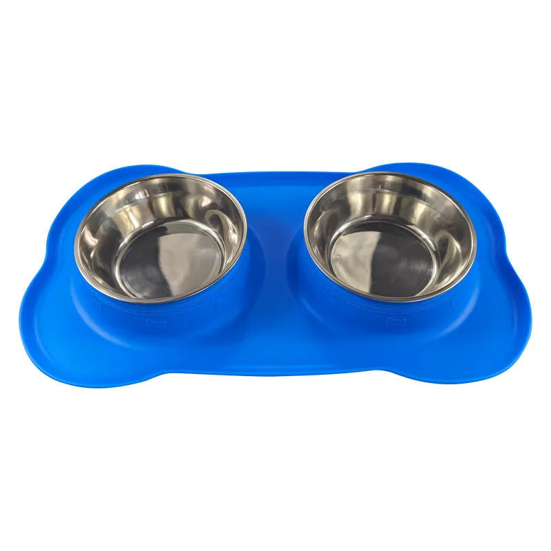 Large double compartment silicone dog bowl with stainless steel base in blue colour