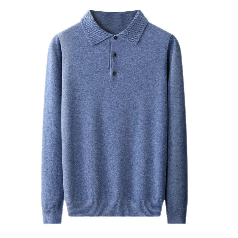 Men's grey woolen pullover sweater with a polo collar and long sleeves on a hanger
