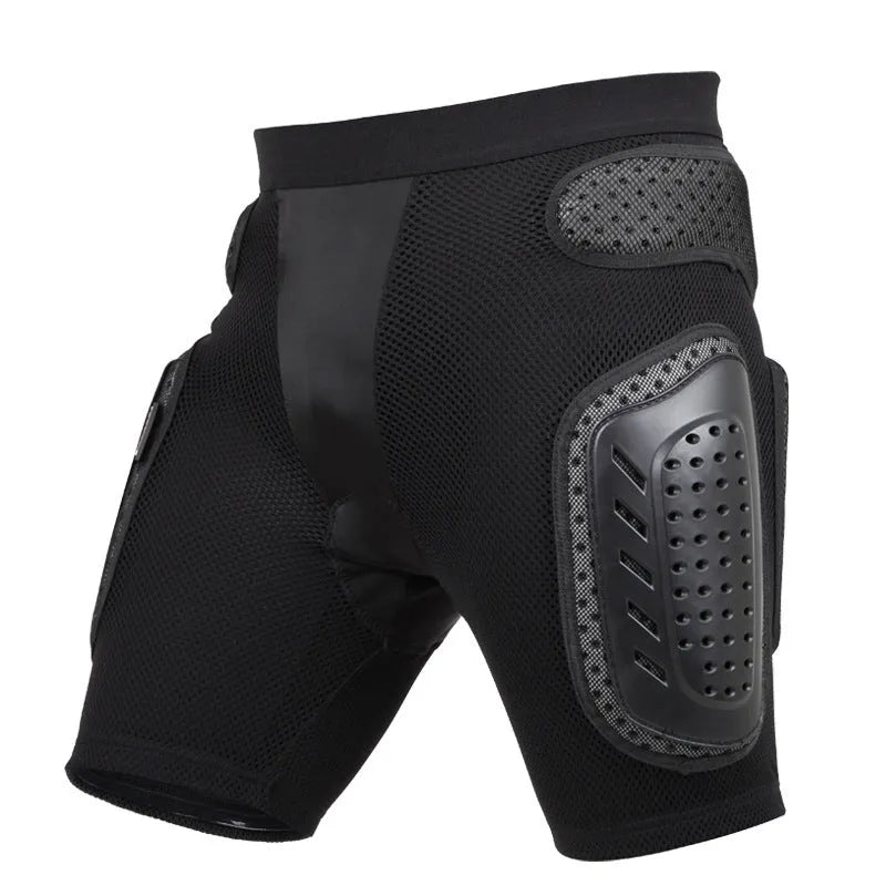 Black cycling hip pad pants showing integrated protective padding for sports safety in S M L XL sizes