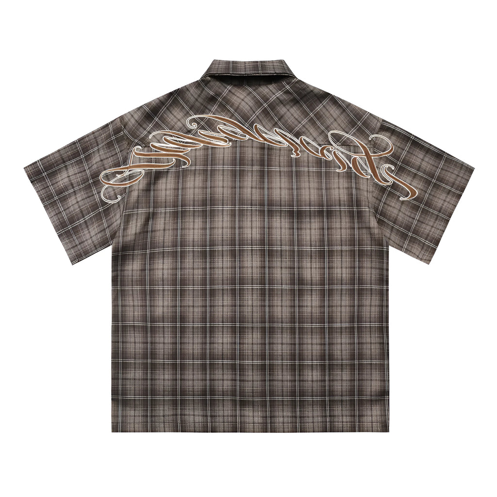 Men's black embroidered plaid shirt with letter detail on lapel and short sleeves