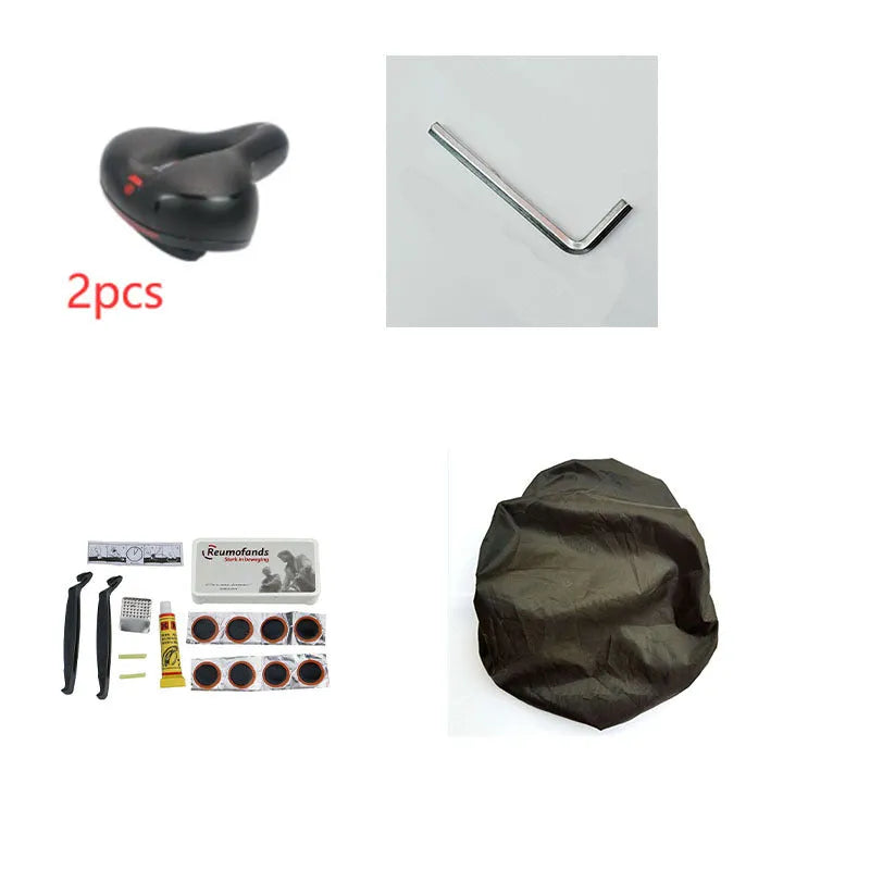 Thick soft silicone bicycle saddle with steel springs, PU leather cover, waterproof cover, wrench, and tyre patch kit.