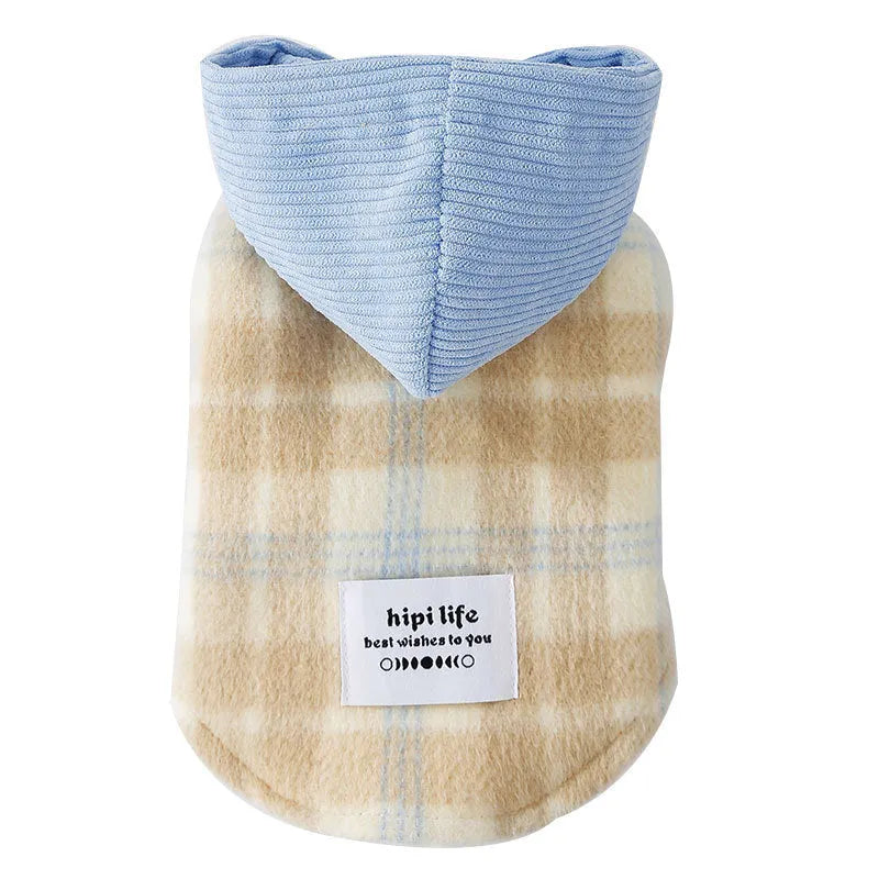 Blue chessboard grid hooded dog vest with traction features on corduroy fabric