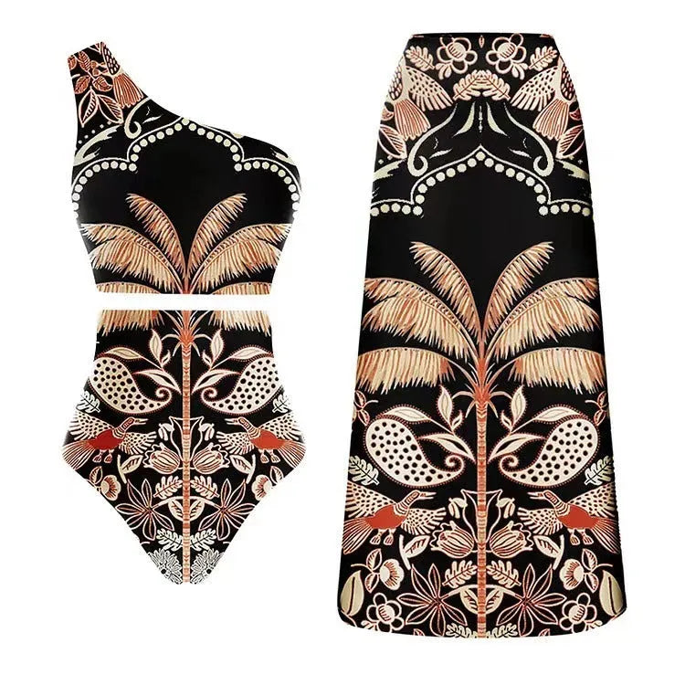 Women's one-piece swimsuit in multiple colours and styles including black, yellow, and printed designs