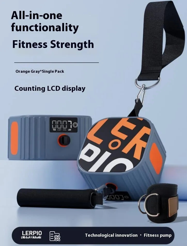 Multi functional fitness resistance training tensioner with adjustable bands in blue grey and orange grey colours