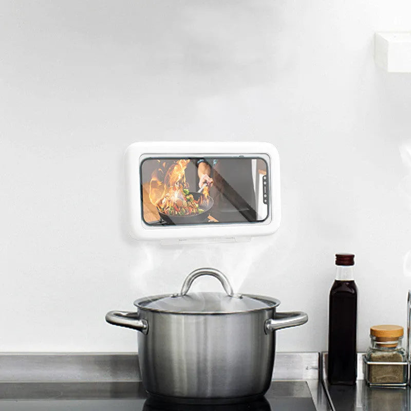 Waterproof plastic phone holder for shower with touch screen in black, pink, or white mounted on bathroom tile