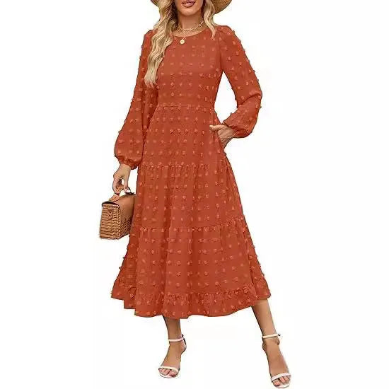 Women's long sleeve high waist casual dress in solid colour with ruffled sleeves.