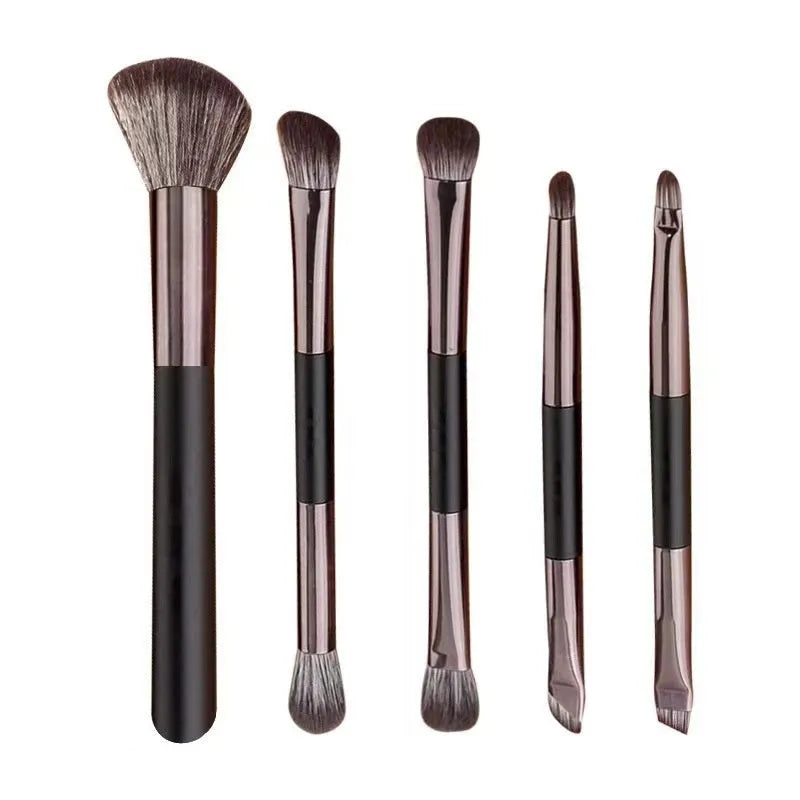 Makeup brush set with mirror case showing silver or gold handle eyeshadow brushes with artificial fibre bristles