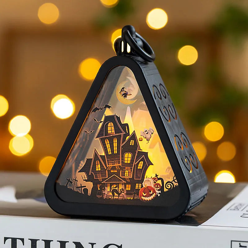 Halloween portable pumpkin lamp decoration in plastic and glass, 11.5cm high.