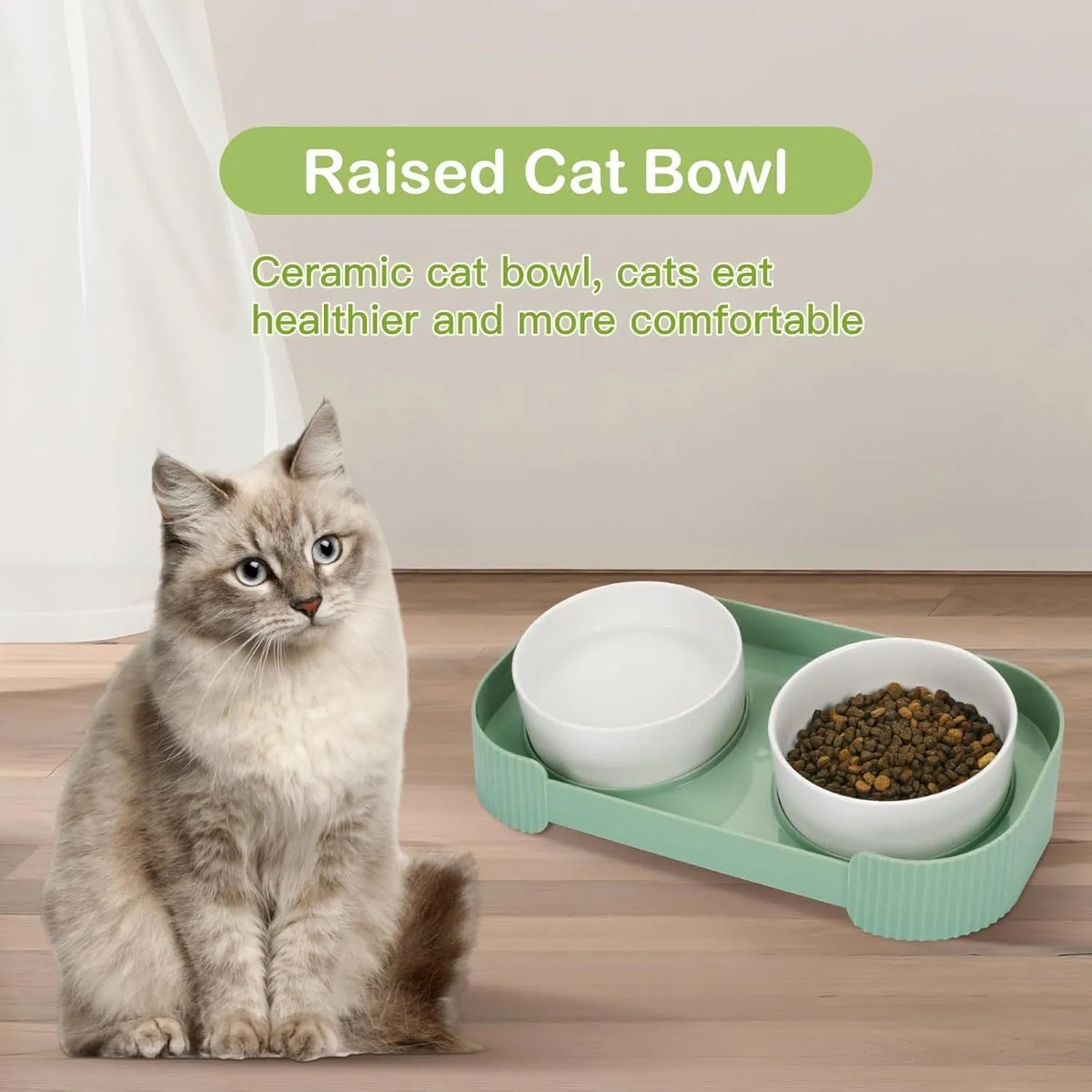 Green ceramic raised cat bowl set with two tilted bowls on a non-slip stand for food and water.