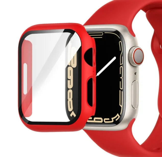 PC tempered film protective case for Apple Watch in multiple colours and sizes on a white background.