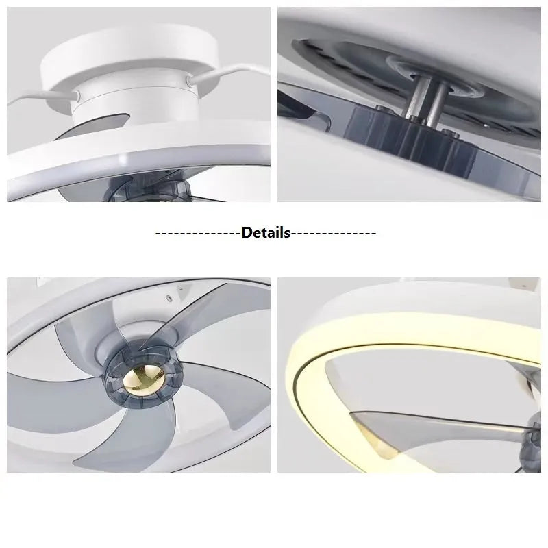 Modern white ceiling fan light with acrylic lampshade and five polycarbonate blades.