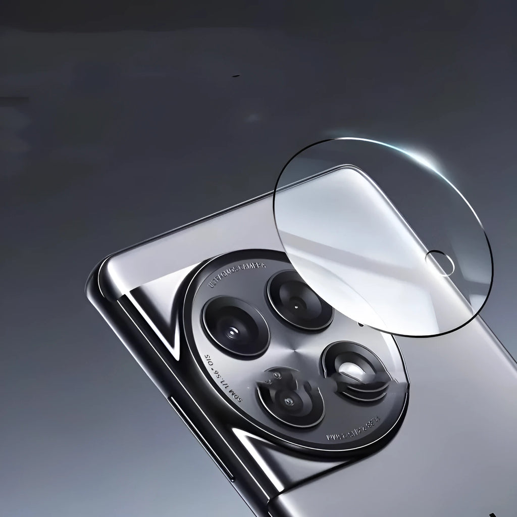 Large Arc HD Tempered Glass Lens Protector with black ring for OnePlus 12, Find N3, and OnePlus 11 phones.