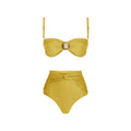 Women's high waist swimsuit available as green one-piece or yellow split bikini with S M L XL sizing
