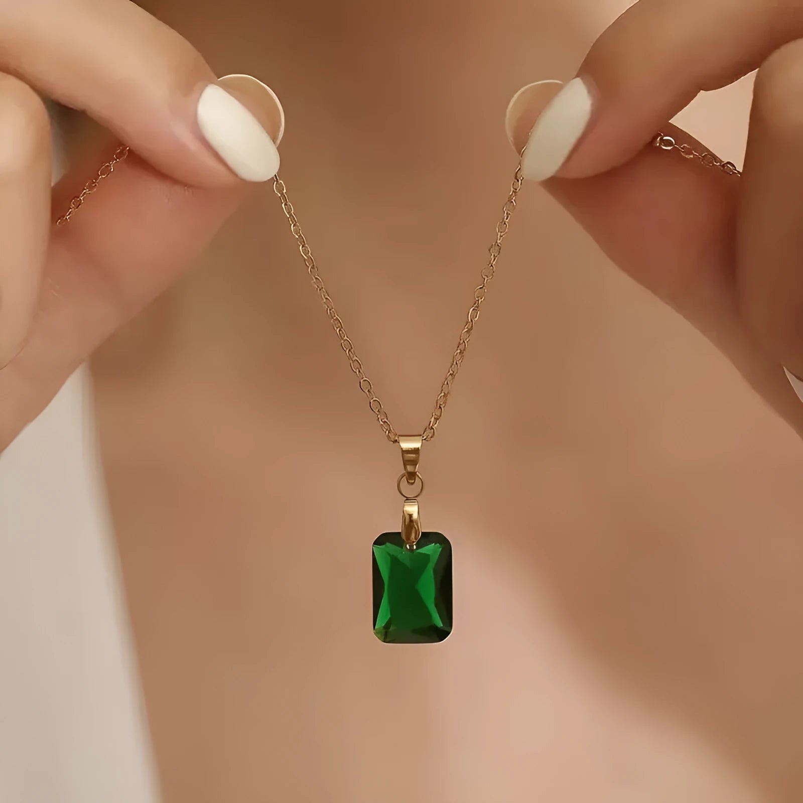 Copper rectangular geometric pendant necklace on O-ring chain in green colour.