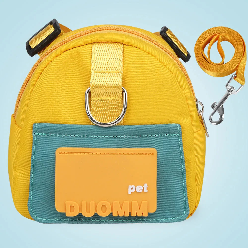 Blue adjustable dog backpack with harness and storage compartments for travel