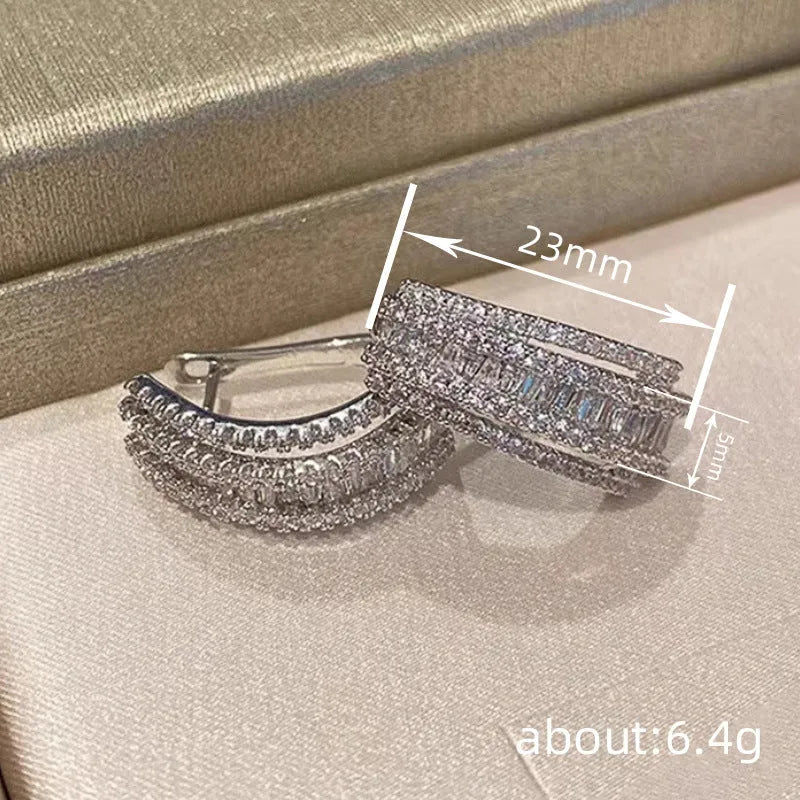 Women's geometric stud earrings with white gold colour finish and inlaid zircon stones