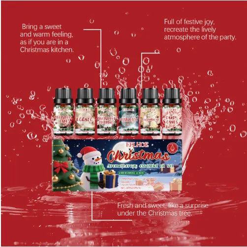 Christmas aromatherapy oil set showing six 10ml glass bottles with scented oil for home fragrance