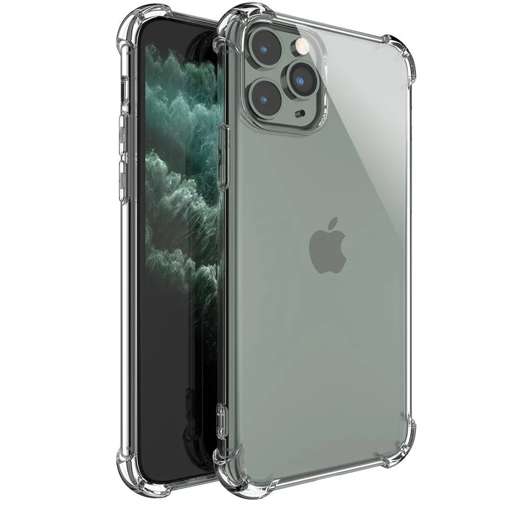 Clear TPU shockproof iPhone case showing transparent back design compatible with iPhone 6 through 13 models