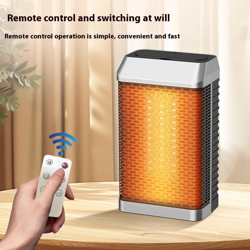 Black remote control desktop electric heater on a desk