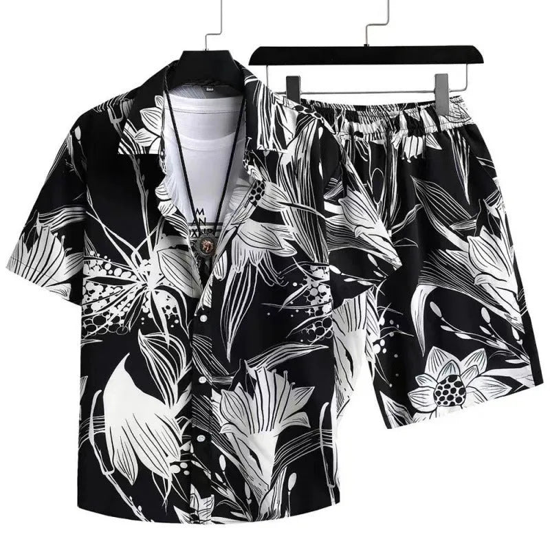 Men's casual cardigan suit set with digital printed short sleeve shirt and elastic shorts in polyester fabric