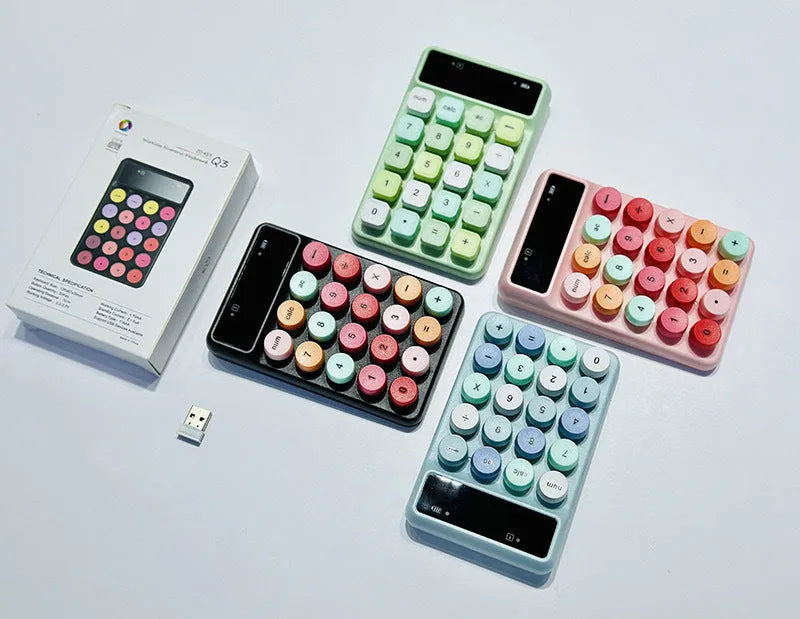 Q3 wireless digital keyboard in macaron colours including mixed black, toner, bright green, and blue options