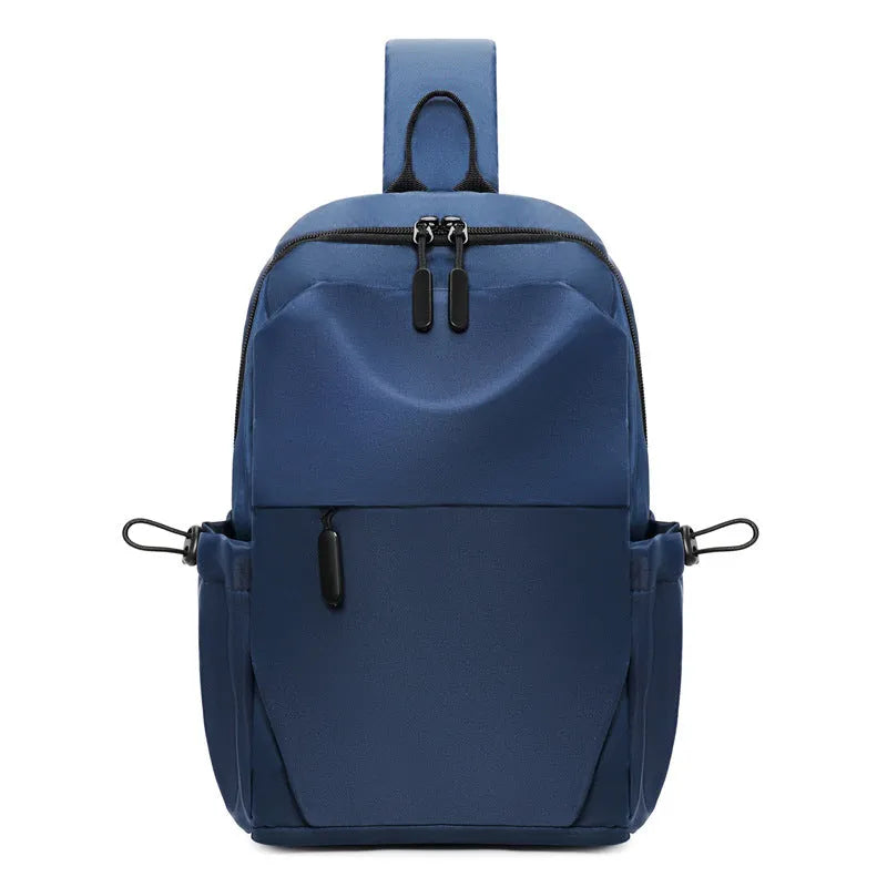 Men's grey lightweight chest bag showing shoulder strap and front compartment