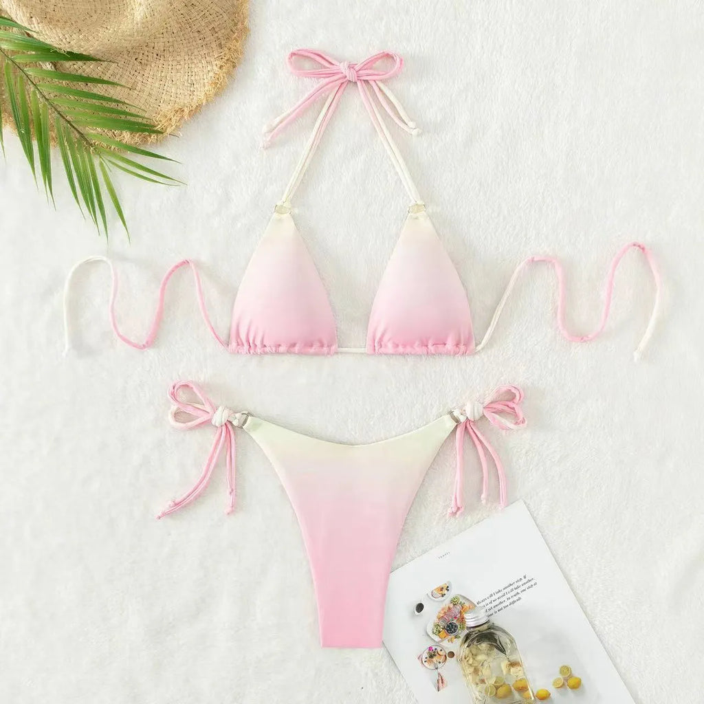 Women's gradient colour bikini swimwear set with top and underwear.