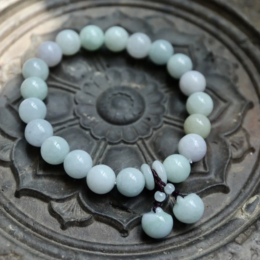 Natural emerald jade hanging bracelet with geometric design and Maitreya Buddha elements