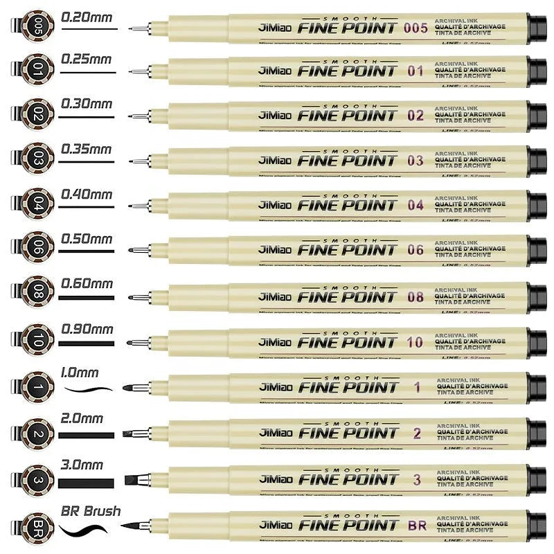 Syringe-style needle pen with hand-drawn hook line art and cartoon details on plastic body.