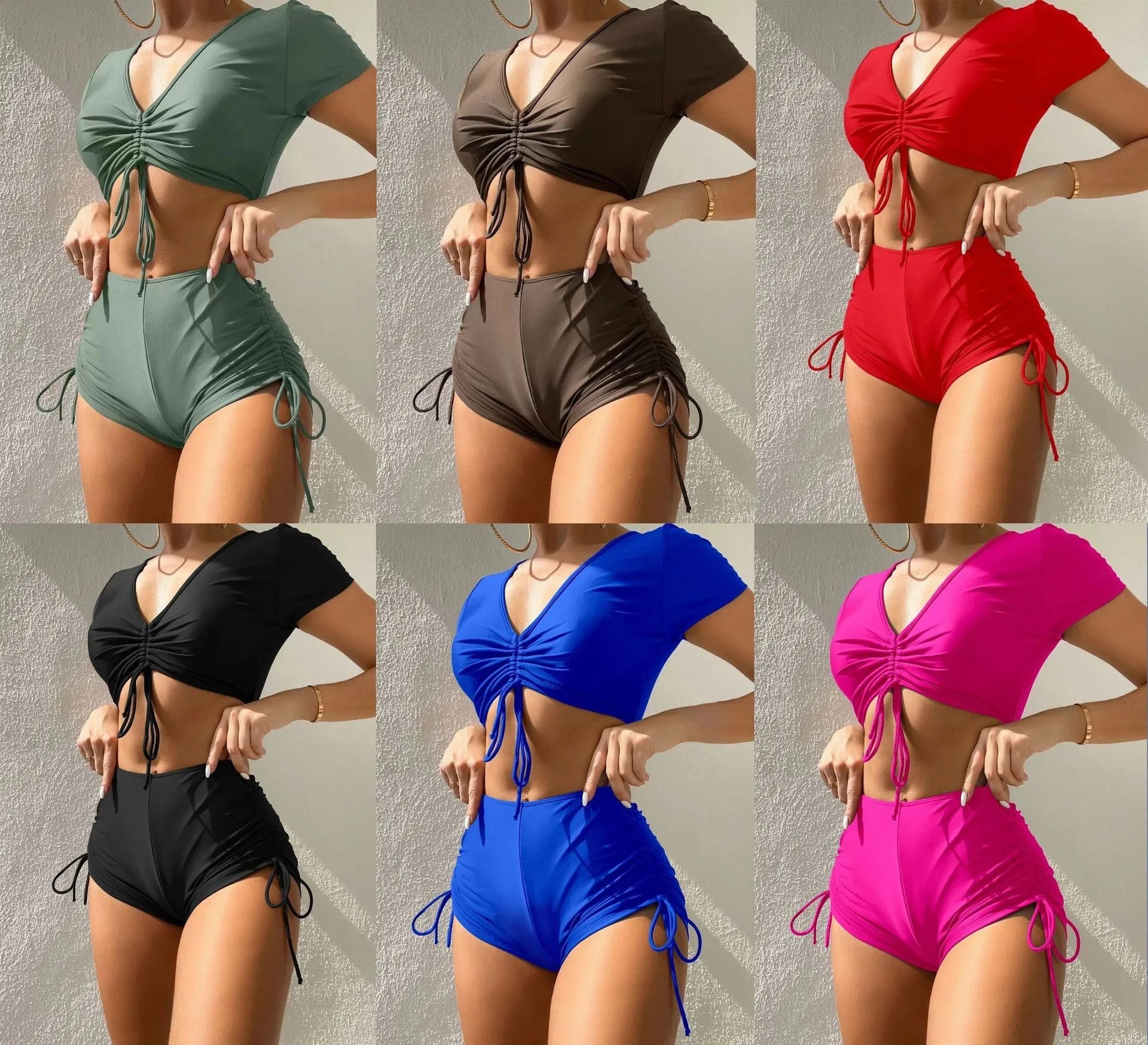 Women's lace-up swimsuit set with bow detail showing top and shorts in available colours