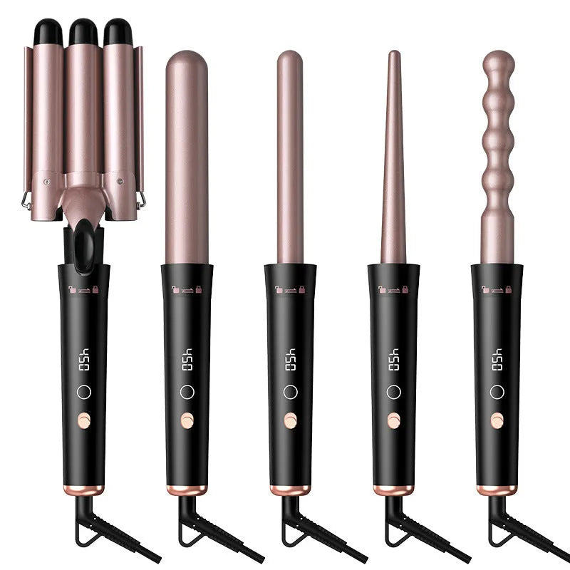 Rose gold five-in-one tube replacement hair curler with LCD screen and negative ion technology