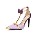 Purple plus size women's closed toe high heel sandals with an ankle buckle strap on a white background.