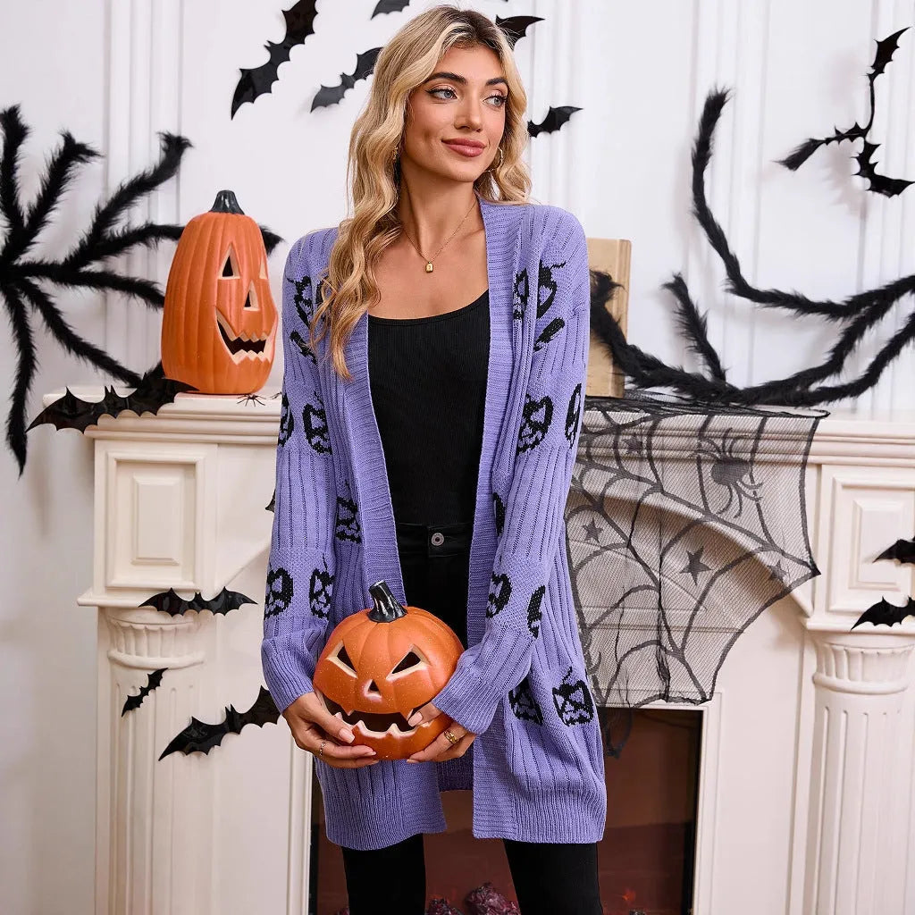 Women's black Halloween cardigan with orange pumpkin head jacquard pattern, regular sleeves, straight cut