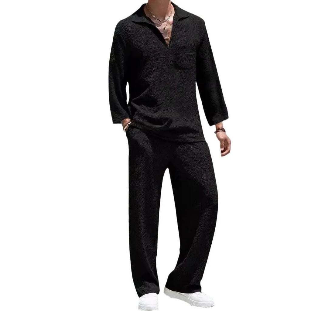 Men's casual shirt trousers commuter suit in polyester, shown in lake blue colour with shirt-style jacket.