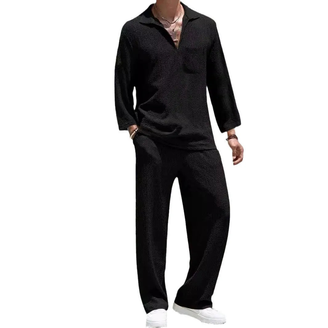 Men's casual shirt trousers commuter suit in polyester, shown in lake blue colour with shirt-style jacket.