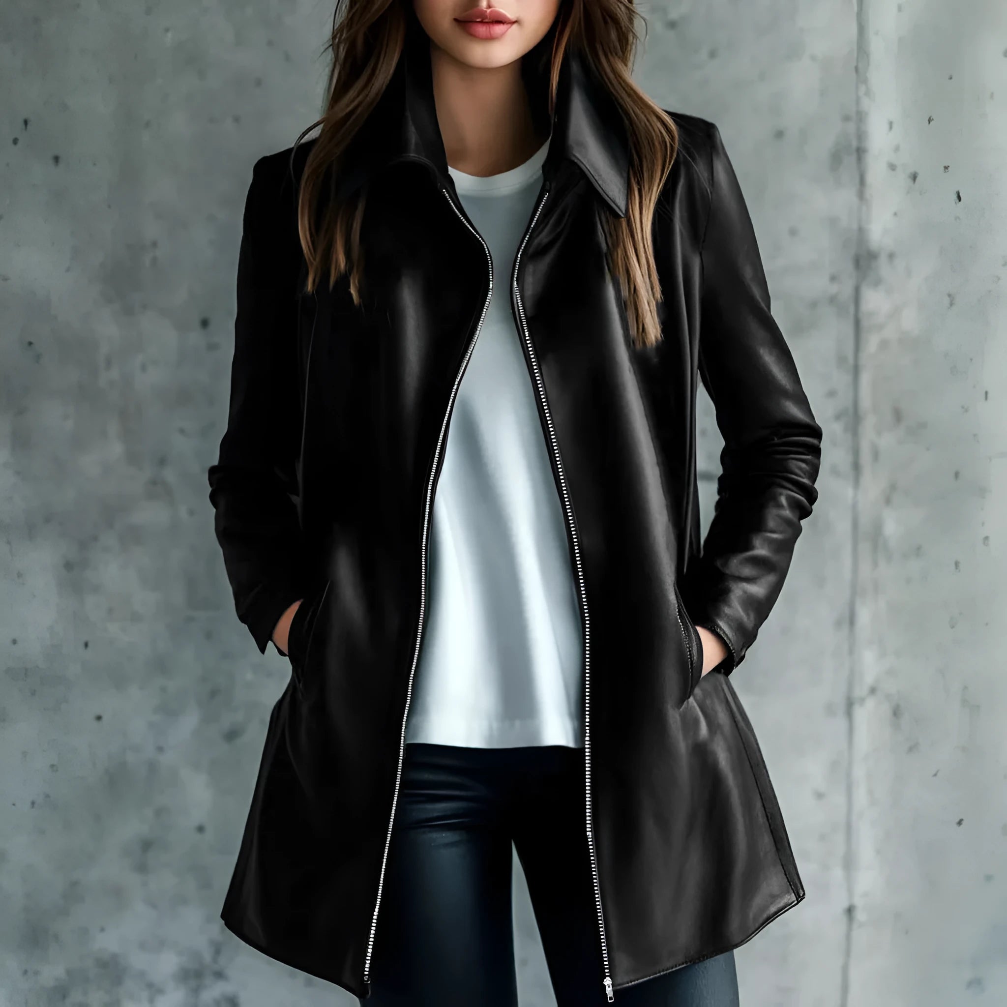Black women's medium-length polyester jacket with long sleeves on a hanger.