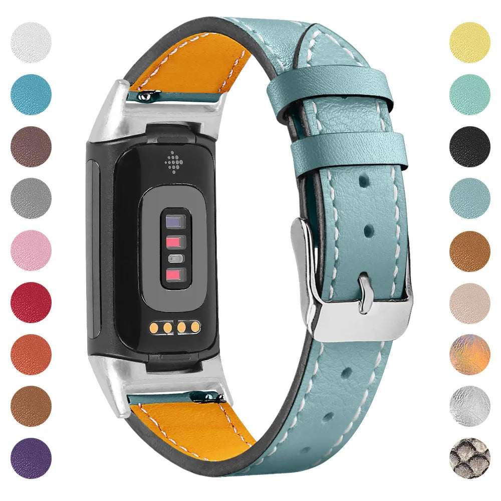 Genuine cowhide leather replacement strap with buckle clasp for Fitbit Charge 5 and Charge 6 smartwatches.