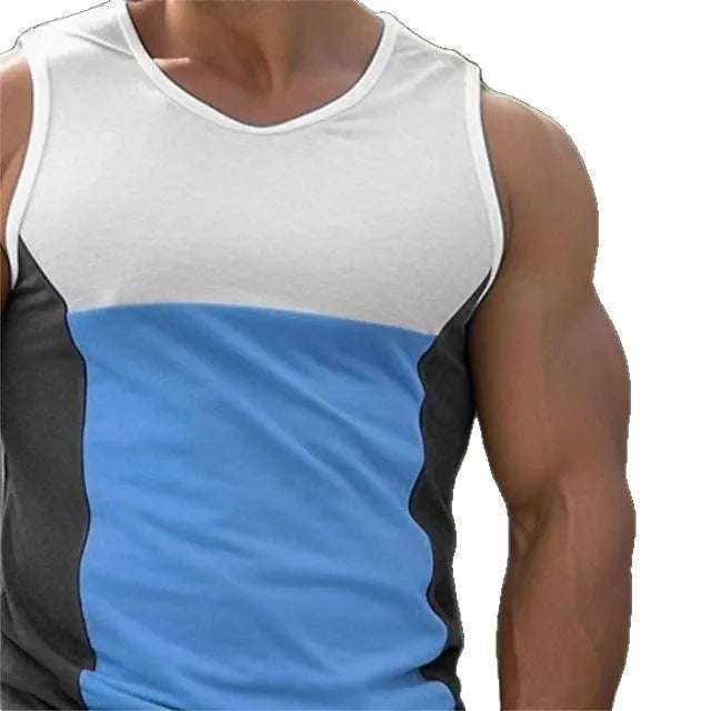 Men's blue contrast panel sports vest for running and fitness on a mannequin