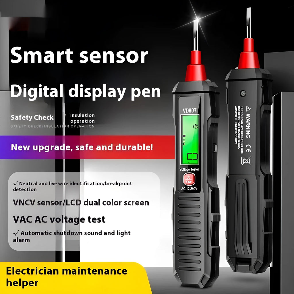 Black digital voltage tester pen with LCD display showing voltage reading